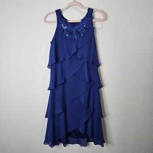 SLNY Dress Royal Blue Sequin Embellished Tiered Ruffle Cocktail‎ Size 8 Tulip